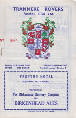 Tranmere Rovers v Leyton Orient Match Programme 1968-03-25